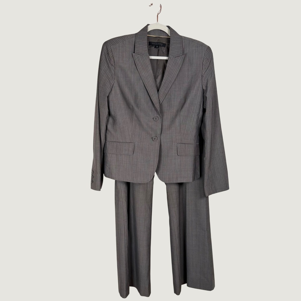 Anne Klein 14 Gray Pinstripe Wool Blend 2 Piece Pant Suit Set Wide Leg Office